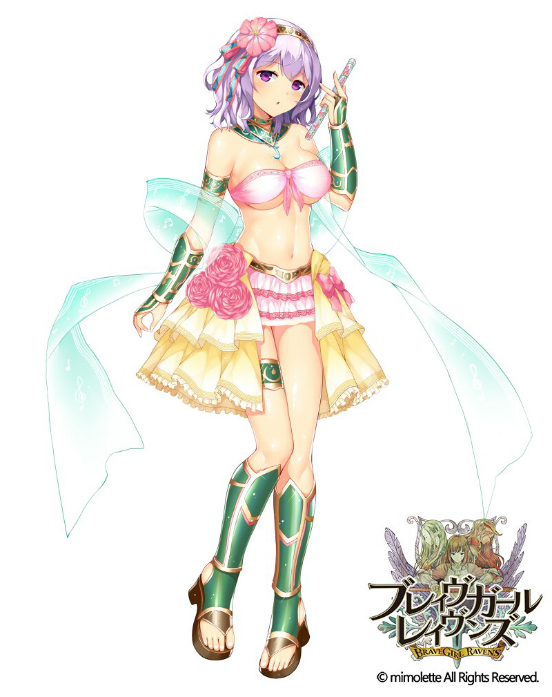 1girl :o bangs bare_shoulders blush brave_girl_ravens breasts cleavage clog_sandals flower full_body hair_flower hair_ornament hairband horosuke_(toot08) lavender_hair layered_skirt looking_at_viewer medium_breasts navel official_art overskirt shawl skirt solo standing stomach thighlet under_boob vambraces violet_eyes white_skirt