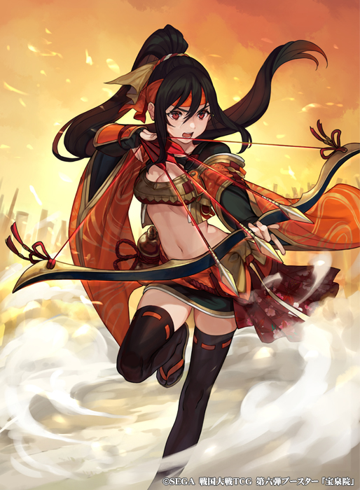 1girl :o arrow black_gloves black_hair black_legwear bow_(weapon) bracer breasts dust_cloud elbow_gloves fingerless_gloves gloves headband long_hair midriff navel official_art orange_sky ponytail red_eyes sengoku_taisen sky small_breasts standing standing_on_one_leg thigh-highs very_long_hair watermark weapon wide_sleeves yuu_(higashi_no_penguin)