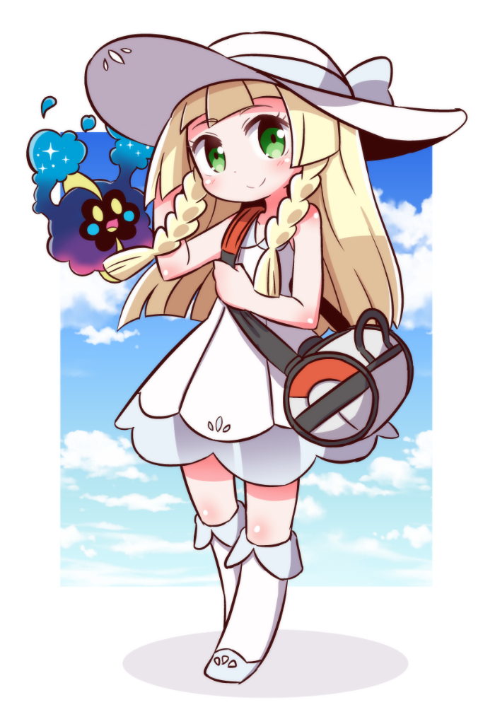 1girl arm_up bag bangs bare_shoulders blonde_hair blue_ribbon blue_shoes blue_sky blunt_bangs blush braid chibi closed_mouth clouds collarbone collared_dress commentary_request cosmog day dress duffel_bag green_eyes hat hat_ribbon kneehighs lillie_(pokemon) long_hair looking_at_viewer naga_u outdoors outside_border poke_ball_theme pokemon pokemon_(creature) pokemon_(game) pokemon_sm ribbon see-through shoes sky sleeveless sleeveless_dress smile standing sun_hat sundress twin_braids white_border white_dress white_hat white_legwear