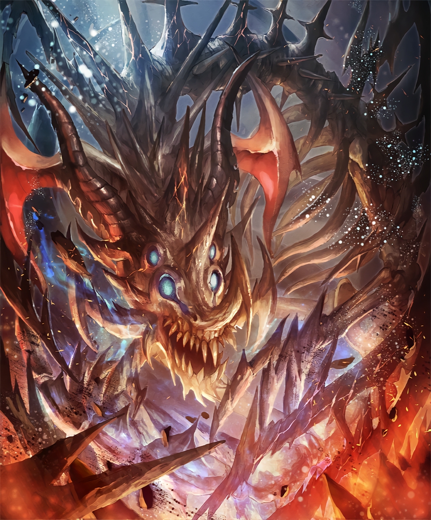 artist_request bone cracked cygames deathly_tyrant extra_eyes glowing glowing_eyes horns no_humans official_art shadowverse sharp_teeth shingeki_no_bahamut skeleton spikes teeth undead