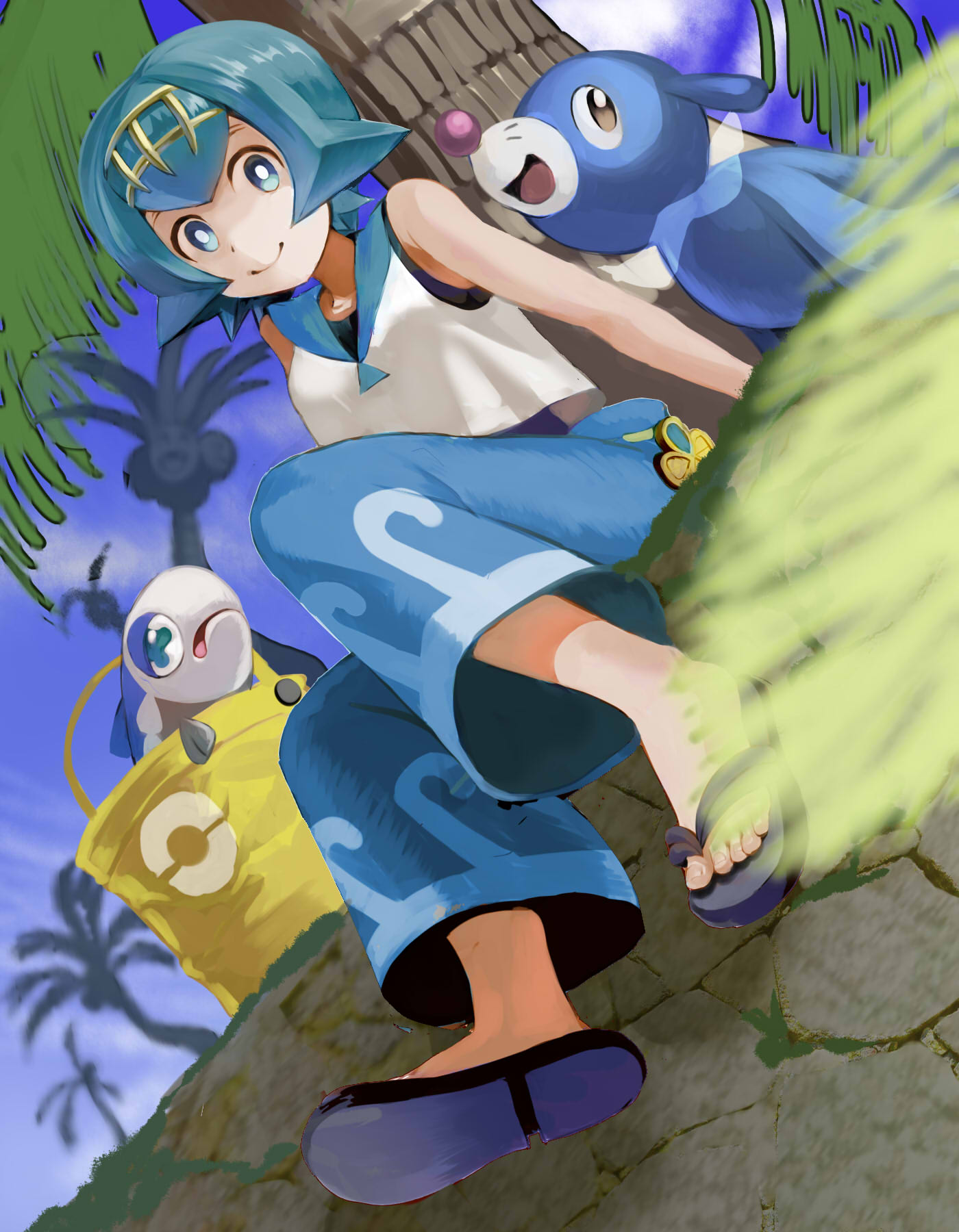 1girl alolan_exeggutor arm_support bare_shoulders blue_eyes blue_hair blue_sailor_collar blue_sky bucket capri_pants closed_mouth clouds day flat_chest from_below full_body grass hairband highres looking_at_viewer open_eyes palm_tree pants pavement pokeball_symbol pokemon pokemon_(creature) pokemon_(game) pokemon_sm popplio shirt short_hair sitting sky sleeveless slippers smile solo suiren_(pokemon) swimsuit swimsuit_under_clothes tree trial_captain wishiwashi yu_(mekeneko1998)