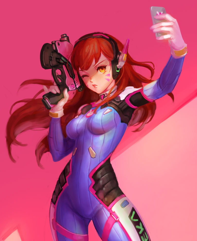 1girl acronym animal_print bangs blue_bodysuit bodysuit breasts brown_eyes brown_hair bunny_print casasak cellphone charm_(object) clothes_writing cowboy_shot d.va_(overwatch) facepaint facial_mark gloves gradient gradient_background gun handgun headphones high_collar holding holding_gun holding_phone holding_weapon long_hair medium_breasts one_eye_closed overwatch parted_lips phone pilot_suit pink_background pink_lips pinky_out pistol self_shot shoulder_pads skin_tight smartphone solo swept_bangs weapon whisker_markings white_gloves