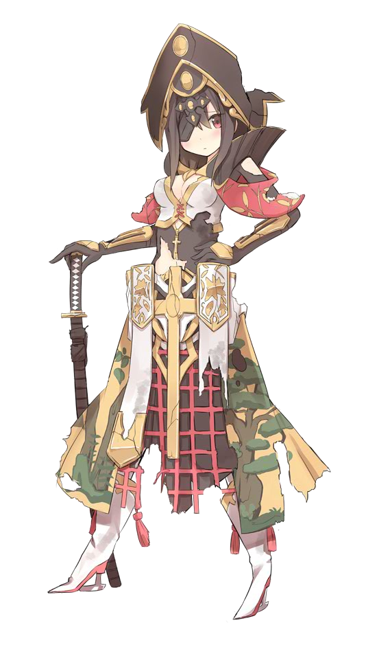 1girl black_hair breasts cleavage elbow_gloves eyepatch full_body gloves hat high_heels looking_at_viewer medium_breasts nanashina official_art oshiro_project oshiro_project_re red_eyes sendai_(oshiro_project) solo sword torn_clothes transparent_background weapon