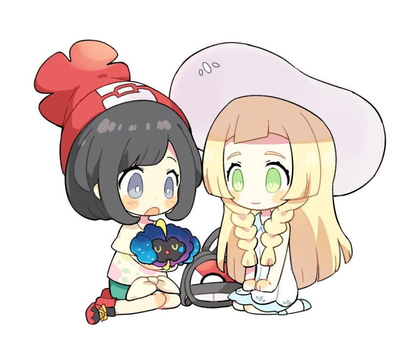 2girls bag beanie black_hair blonde_hair braid chibi cosmog dress duffel_bag green_eyes hat lillie_(pokemon) long_hair mizuki_(pokemon_sm) multiple_girls open_mouth poke_ball_theme pokemon pokemon_(creature) pokemon_(game) pokemon_sm pukiko red_hat shirt short_hair short_sleeves simple_background sitting sleeveless sleeveless_dress sun_hat tied_shirt twin_braids white_background white_dress white_hat