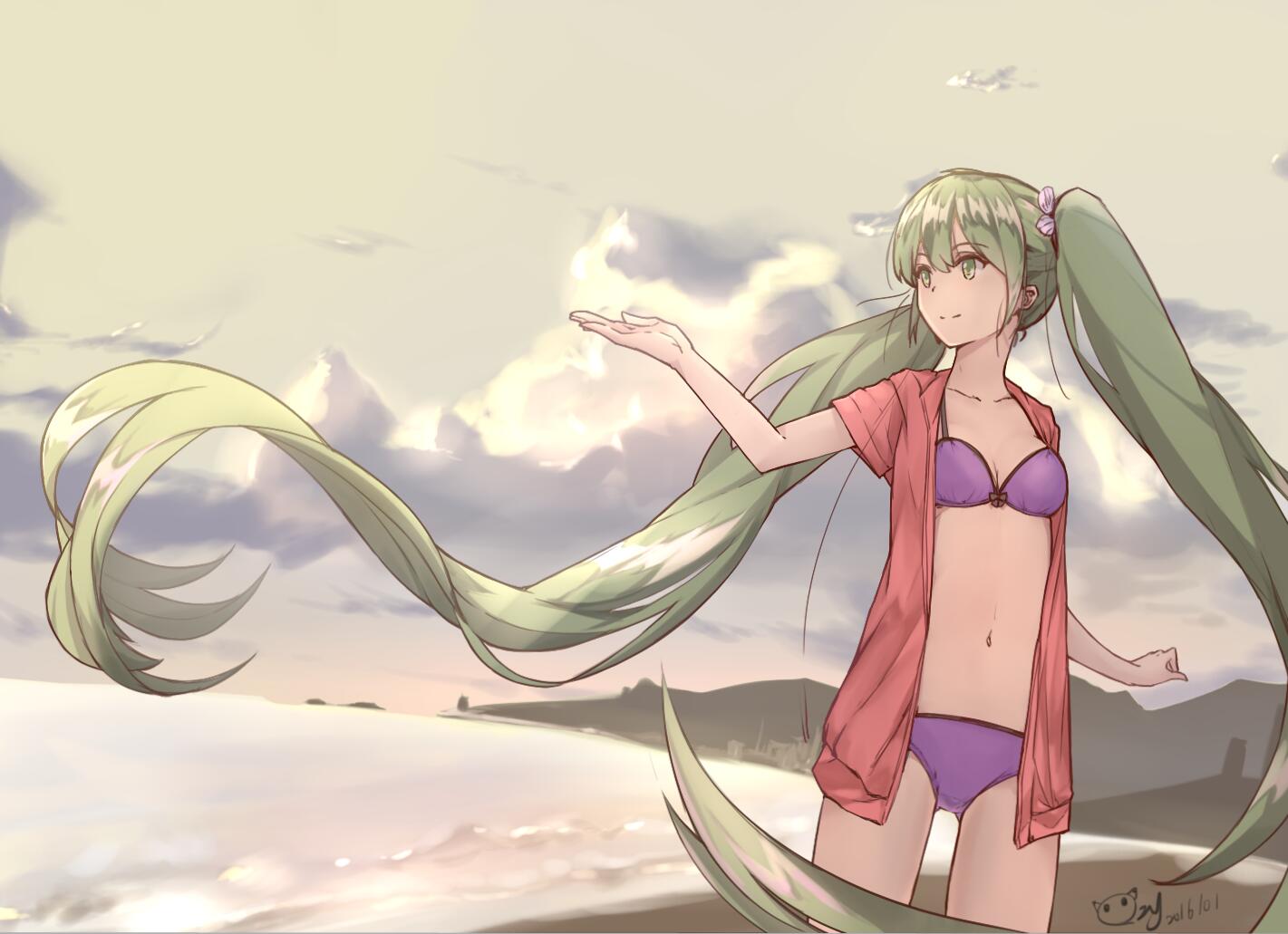 2016 breasts clouds dated gluteal_fold green_eyes green_hair hatsune_miku jacket jacket_over_swimsuit long_hair long_twintails medium_breasts navel ocean outstretched_arm smile swimsuit swimsuit_under_clothes thighs vocaloid zhayin-san