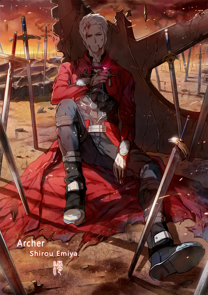 1boy archer blood blood_on_face bloody_clothes bloody_hair bloody_hands brown_eyes cape clouds cuts destruction emiya_shirou fate/stay_night fate_(series) gears glowing half-closed_eyes hand_on_hip hand_on_own_chest highres injury jewelry jun_ling pendant planted_sword planted_weapon red_cape scrape shadow sitting smirk solo sparks spoilers stone sword torn_cape torn_clothes unlimited_blade_works weapon white_hair