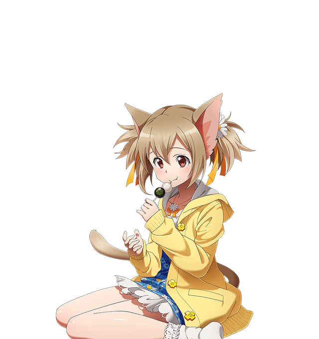 1girl animal_ears brown_eyes brown_hair cat_ears cat_tail collarbone dango eating food hair_between_eyes holding holding_food jewelry long_hair necklace shiny shiny_skin short_twintails silica_(sao-alo) sitting socks solo sweater sword_art_online tail transparent_background twintails wagashi white_legwear yellow_sweater