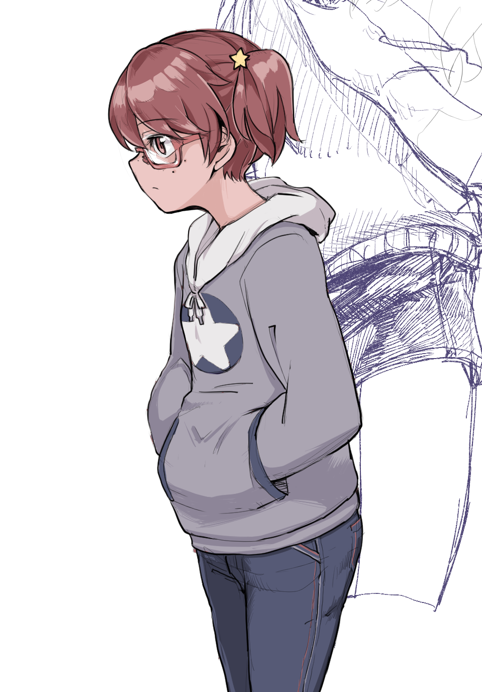 1girl alisa_(girls_und_panzer) aomushi_(mushamusha) bangs bespectacled blue_shirt brown_eyes brown_hair casual closed_mouth cowboy_shot denim emblem freckles from_side girls_und_panzer glasses hair_ornament hands_in_pockets highres hood hoodie jeans long_sleeves pants red-framed_eyewear semi-rimless_glasses shirt short_hair short_twintails simple_background sketch solo standing star star_hair_ornament twintails under-rim_glasses white_background