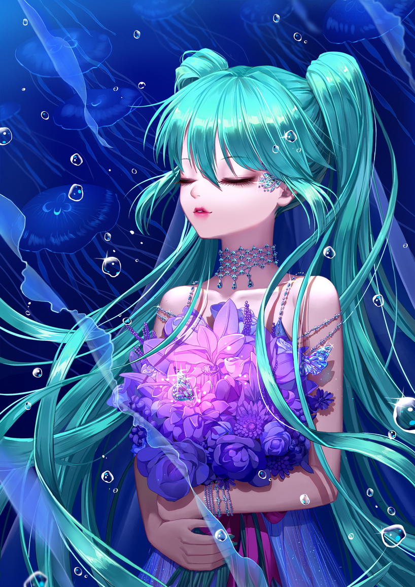 1girl blue_hair bracelet bubble closed_eyes flower hatsune_miku jellyfish jewelry long_hair necklace purple_flower qi_kou smile twintails underwater vocaloid