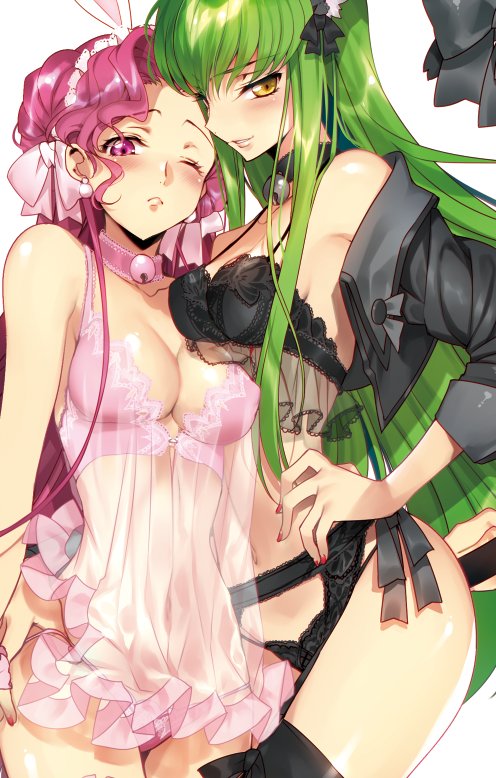 2girls animal_ears black_bra black_legwear blush bra breasts c.c. cleavage code_geass creayus euphemia_li_britannia green_hair hairband lingerie long_hair looking_at_viewer medium_breasts multiple_girls nail_polish one_eye_closed panties pink_bra pink_eyes pink_hair pink_panties rabbit_ears shiny shiny_skin tail underwear yellow_eyes