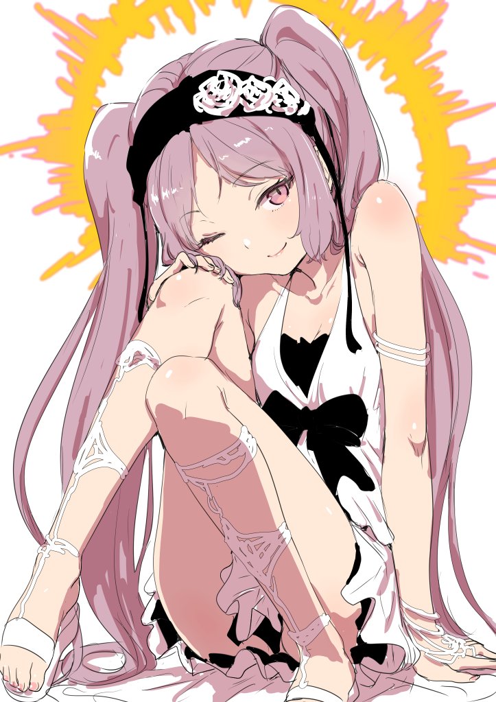 1girl bare_shoulders clearite dress euryale fate/grand_order fate/hollow_ataraxia fate_(series) feet hairband knees_on_chest knees_together_feet_apart legs lolita_hairband long_hair one_eye_closed pink_eyes pink_hair sandals sitting sleeveless sleeveless_dress smile solo toes twintails very_long_hair white_dress