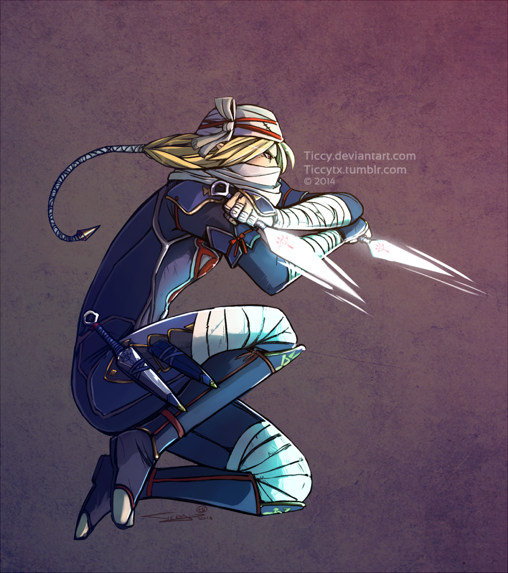 1girl androgynous bandage blonde_hair braid gloves hat knife long_hair mask pointy_ears red_eyes reverse_trap sheik surcoat the_legend_of_zelda the_legend_of_zelda:_ocarina_of_time ticcy weapon zelda_musou