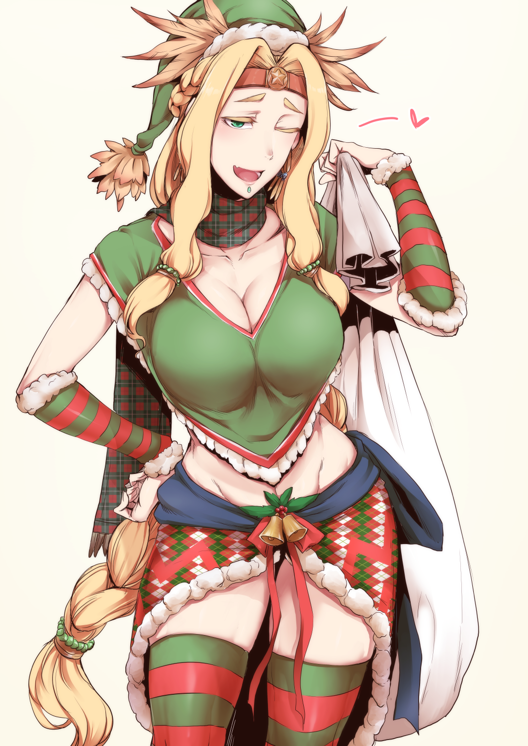 1girl ;d bell blonde_hair braid breasts christmas cleavage collarbone earrings fate/grand_order fate_(series) hand_on_hip hat heart highres jewelry large_breasts long_hair looking_at_viewer midriff nakamura_regura one_eye_closed open_mouth quetzalcoatl_(fate/grand_order) sack scarf simple_background smile solo striped striped_legwear thigh-highs very_long_hair white_background