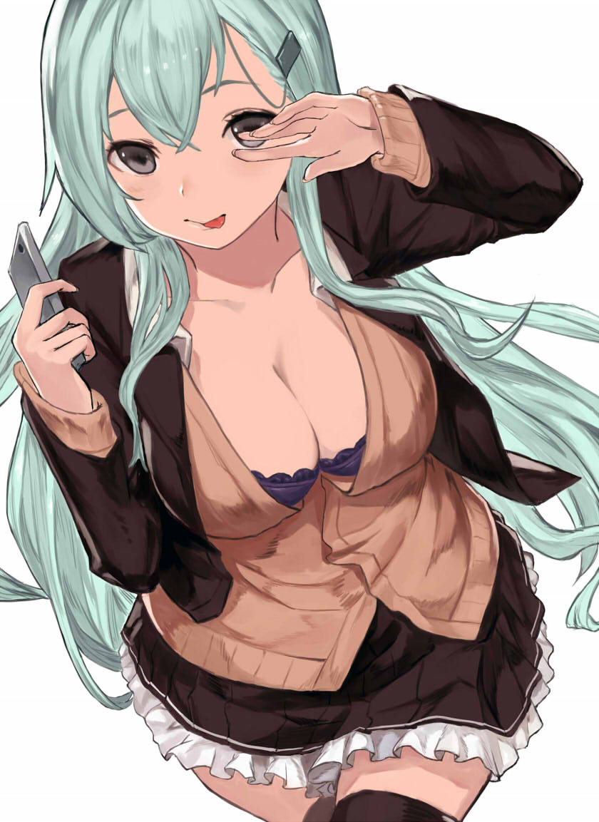 1girl :p aqua_hair black_eyes black_legwear blazer bra breasts cardigan cellphone cleavage cowboy_shot frill_trim from_above hair_ornament hair_over_shoulder hairclip hand_over_eye jacket kantai_collection large_breasts long_hair looking_at_viewer open_clothes open_shirt phone purple_bra shirt shou_xun_bu_liang sidelocks simple_background skirt smartphone solo suzuya_(kantai_collection) thigh-highs tongue tongue_out underwear white_background