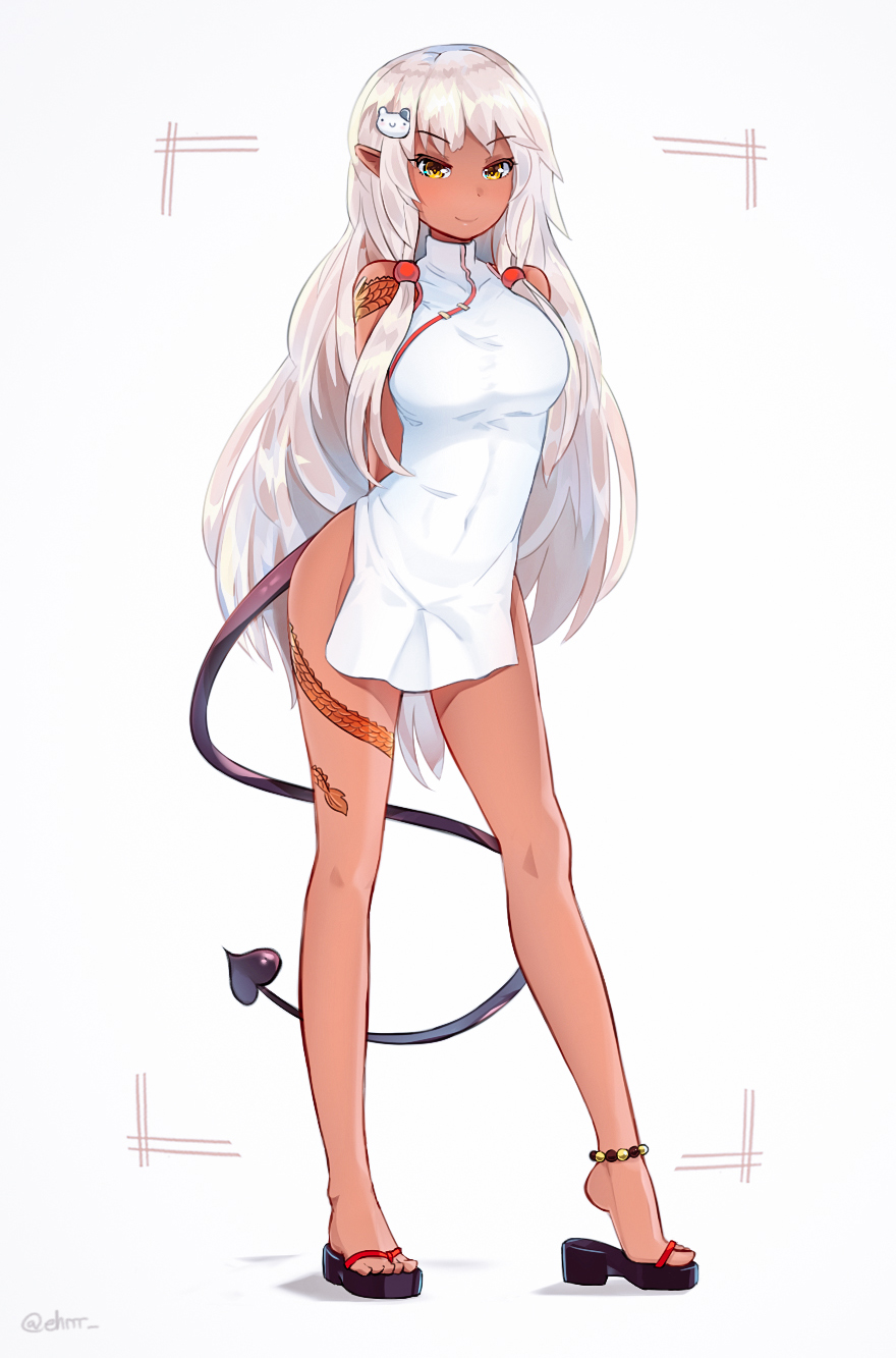 1girl arms_behind_back bare_shoulders breasts china_dress chinese_clothes covered_navel dark_skin dress ehrrr full_body highres long_hair looking_at_viewer original pointy_ears sandals silver_hair smile solo tail very_long_hair yellow_eyes