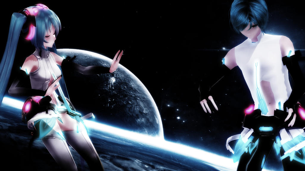 1boy 1girl 3d aqua_hair black_gloves eyes_closed female fingerless_gloves floating hatsune_miku hatsune_mikuo male moon science_fiction space twintails vocaloid white_shirt