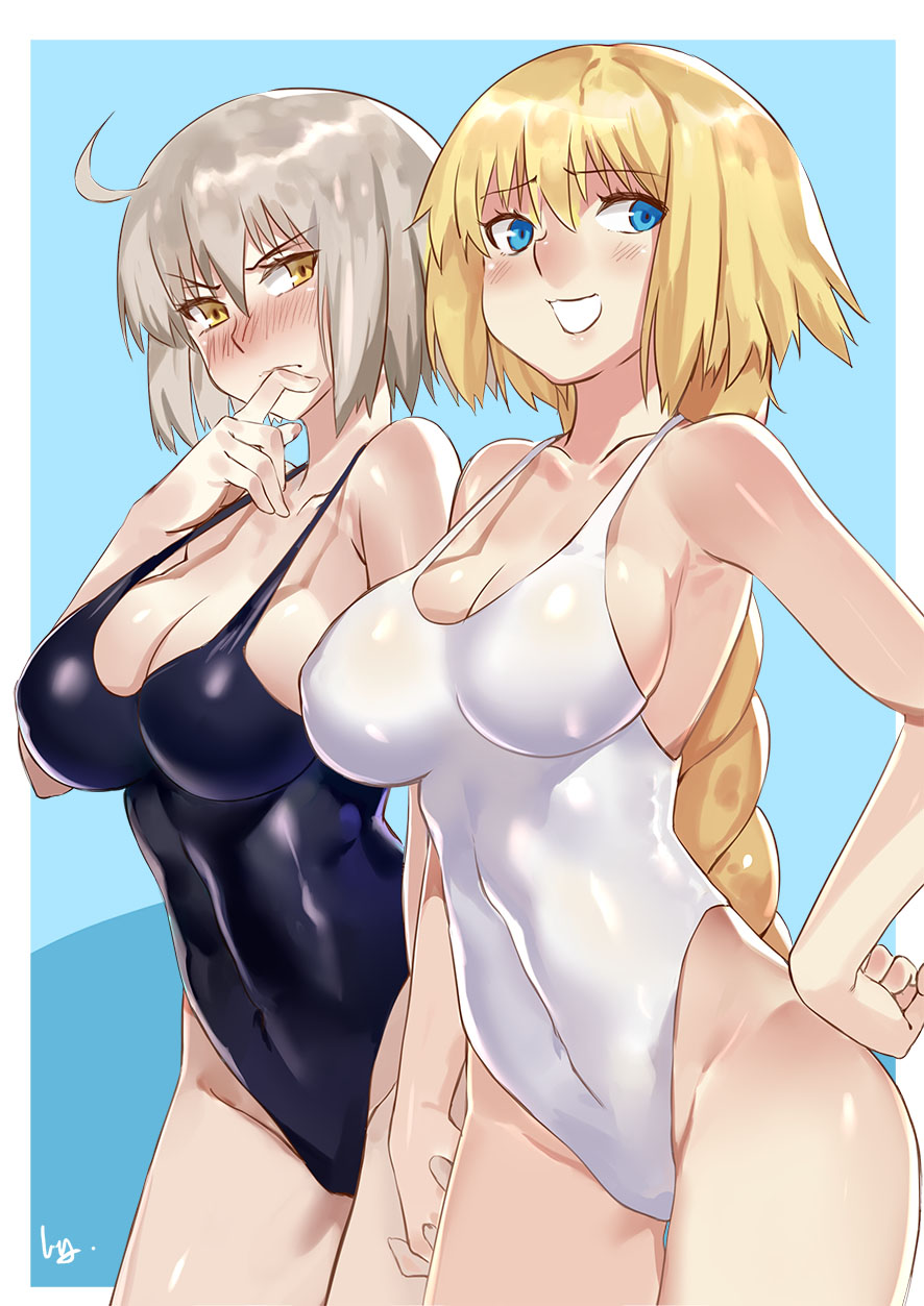 2girls ahoge bare_shoulders blonde_hair blush braid breasts brown_eyes cleavage fate/grand_order fate_(series) highres jeanne_alter large_breasts long_hair multiple_girls nanaya_(daaijianglin) raised_eyebrow ruler_(fate/apocrypha) short_hair silver_hair smile swimsuit very_long_hair