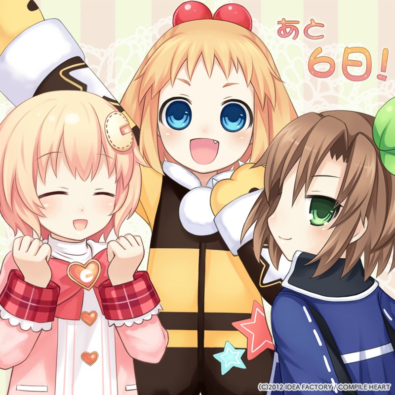 3girls blonde_hair blue_eyes blush bow brown_hair child compa company_name fang female green_eyes hair_bow hair_ornament hairband if_(choujigen_game_neptune) long_hair looking_at_viewer multiple_girls neptune_(series) official_art open_mouth pish ribbon short_hair smile sweater younger