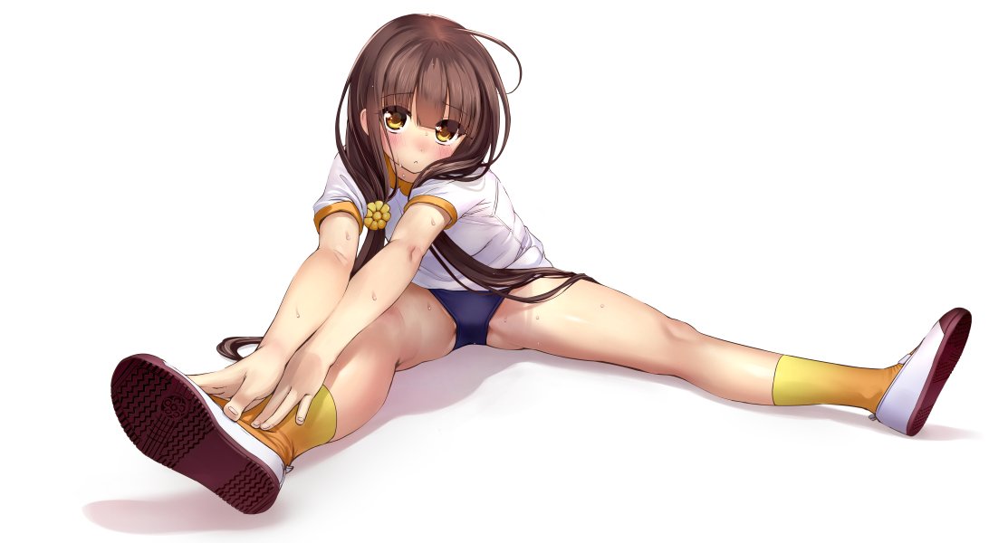 1girl :&lt; blue_buruma blush brown_hair flower flower_knight_girl full_body hair_flower hair_ornament hair_over_shoulder helenium_(flower_knight_girl) long_hair looking_at_viewer sasayuki shirt shoes simple_background sitting socks solo spread_legs stretch sweat twintails white_background white_shirt white_shoes yellow_eyes yellow_legwear