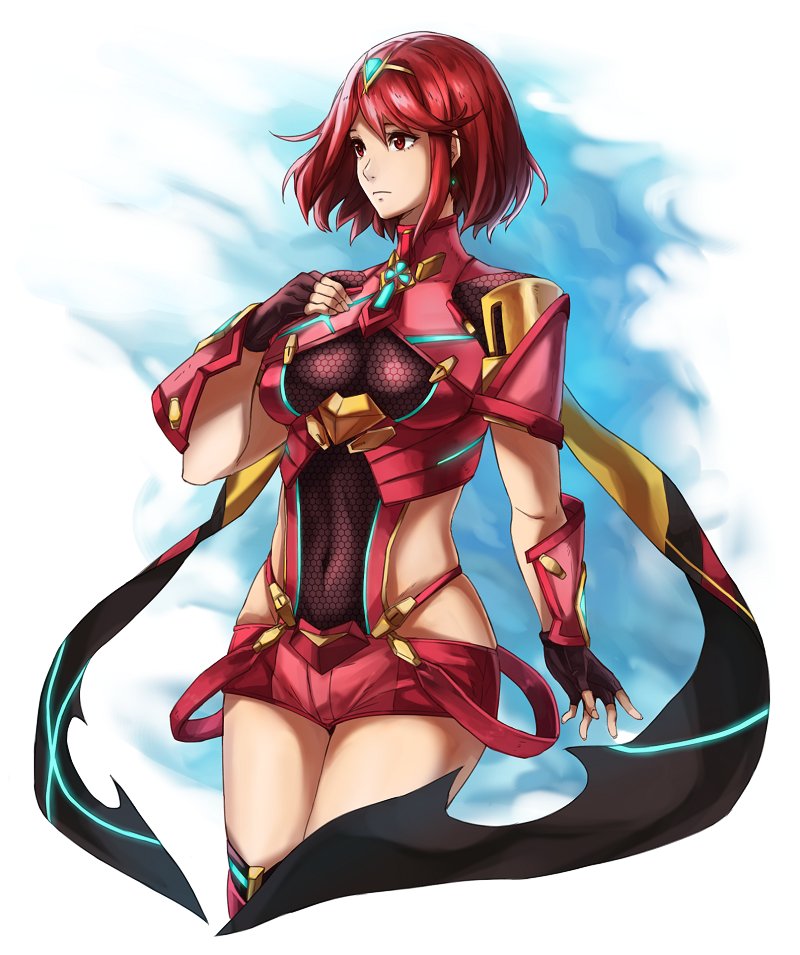 1girl black_gloves breasts covered_navel fingerless_gloves gloves hair_ornament pyra_(xenoblade) kamu_(kamuuei) large_breasts looking_at_viewer red_eyes redhead short_hair shorts sidelocks simple_background solo tiara white_background wide_hips xenoblade xenoblade_2