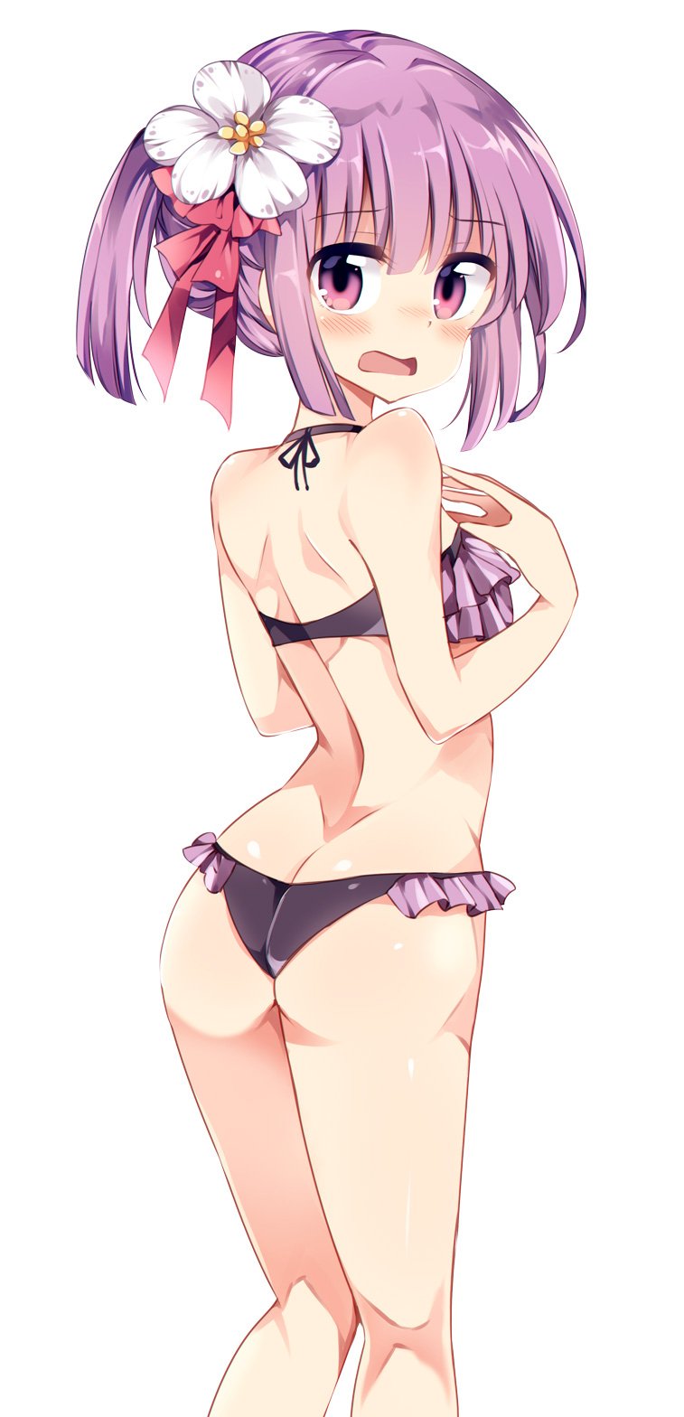 1girl ass bare_shoulders bikini blush breasts butt_crack eyebrows_visible_through_hair flower frilled_bikini frills from_behind hair_flower hair_ornament hair_ribbon halterneck hieda_no_akyuu highres looking_at_viewer looking_back maturiuta_sorato open_mouth pink_eyes purple_bikini purple_hair ribbon short_twintails simple_background small_breasts solo standing swimsuit touhou twintails violet_eyes white_background