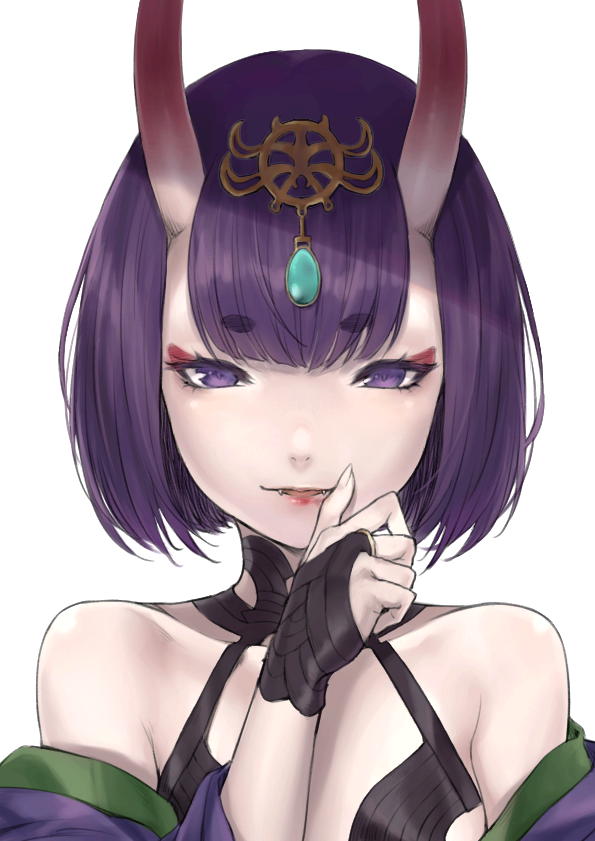 1girl bangs bare_shoulders blunt_bangs bob_cut bridal_gauntlets eyebrows_visible_through_hair fangs fate/grand_order fate_(series) horns leon_v light_smile lips looking_at_viewer oni oni_horns purple_hair short_hair shuten_douji_(fate/grand_order) simple_background solo upper_body violet_eyes white_background