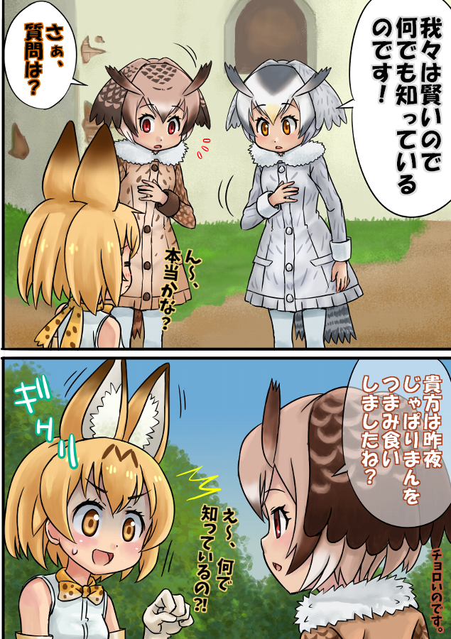 blush brown_eyes brown_hair coat comic commentary_request domoge eurasian_eagle_owl_(kemono_friends) eyebrows_visible_through_hair fur_collar grey_hair hair_between_eyes head_wings kemono_friends long_sleeves multicolored_hair multiple_girls northern_white-faced_owl_(kemono_friends) open_mouth serval_(kemono_friends) short_hair tail tail_feathers translation_request white_hair