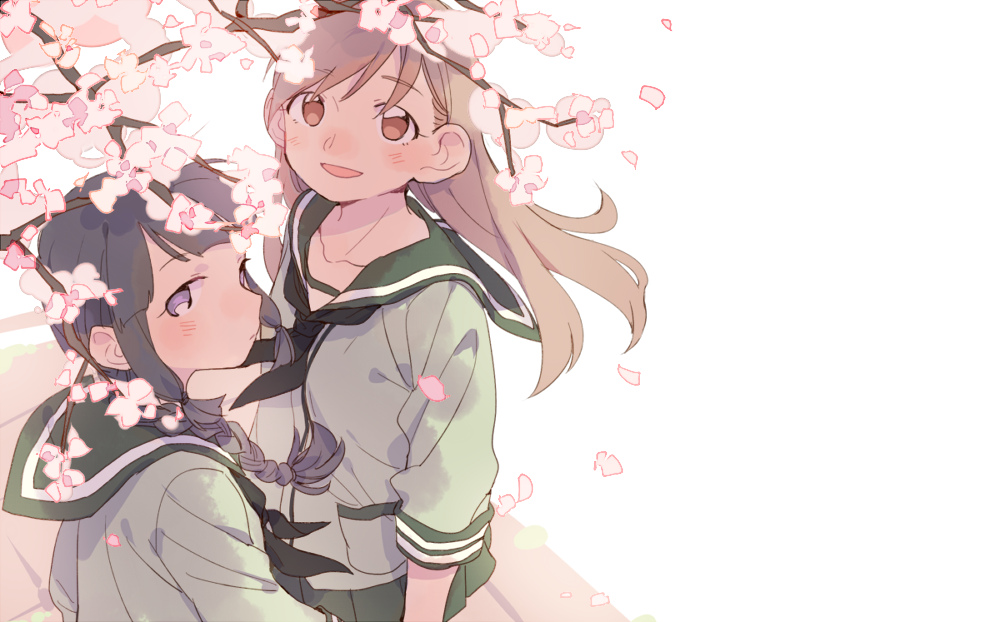 2girls black_hair blush braid brown_eyes brown_hair cherry_blossoms d.y.x. from_above kantai_collection kitakami_(kantai_collection) long_hair looking_at_viewer multiple_girls ooi_(kantai_collection) sailor_collar smile violet_eyes