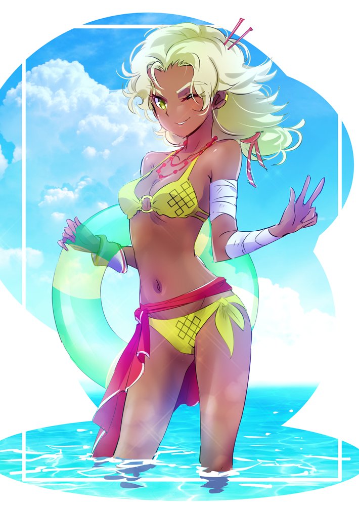 1girl arslan_altan bandage bandaged_arm bikini blonde_hair blue_sky clouds cloudy_sky commentary_request dark_skin earrings hair_ornament hair_ribbon hair_stick iesupa innertube jewelry necklace ribbon rwby sarong sky smile solo swimsuit v water winking wristband yellow_eyes