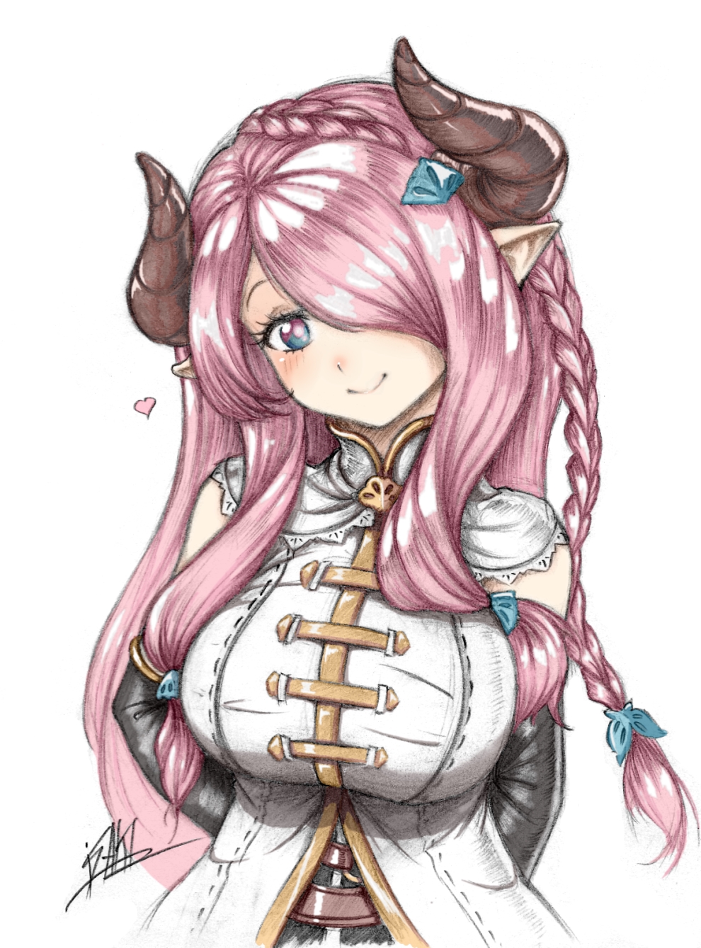 1girl arms_behind_back black_gloves blue_bow blue_eyes blush bow braid breasts closed_mouth commentary doraf elbow_gloves gloves granblue_fantasy hair_bow hair_ornament hair_over_one_eye head_tilt heart highres horns isaki_tanaka large_breasts narumeia_(granblue_fantasy) pink_hair pointy_ears signature smile solo traditional_media upper_body white_background