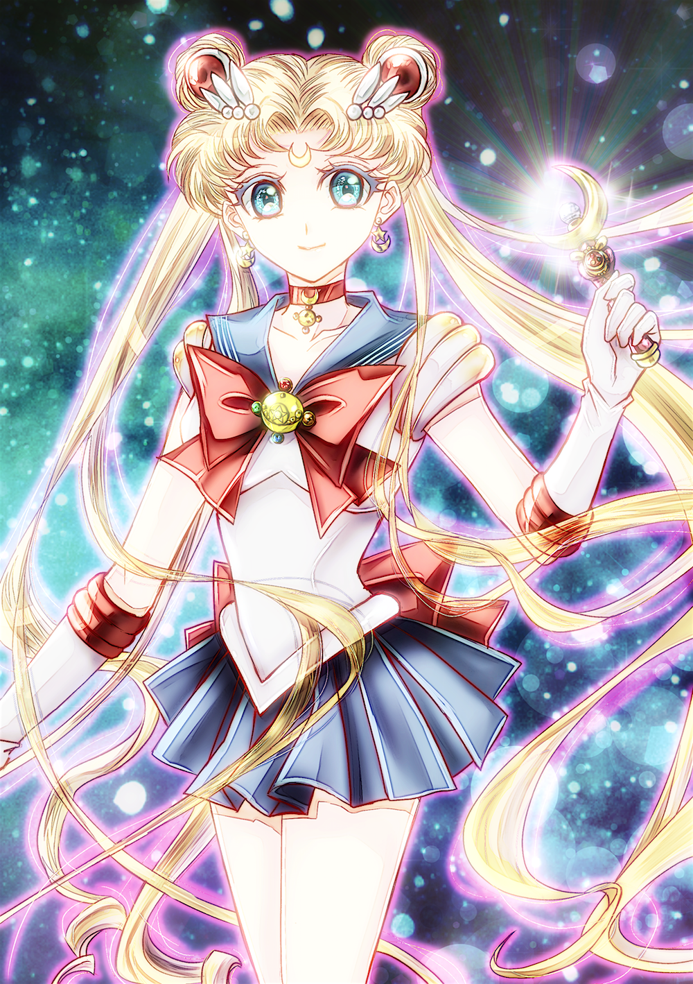 1girl aqua_eyes bishoujo_senshi_sailor_moon bishoujo_senshi_sailor_moon_crystal blonde_hair blue_sailor_collar blue_skirt bow choker crescent crescent_earrings double_bun earrings elbow_gloves facial_mark forehead_mark gloves glowing highres jewelry long_hair maboroshi_no_ginzuishou miniskirt moon_stick pleated_skirt red_bow red_choker sailor_moon shiny skirt smile solo sparkle tsukasaki_ryouko tsukino_usagi twintails very_long_hair white_gloves