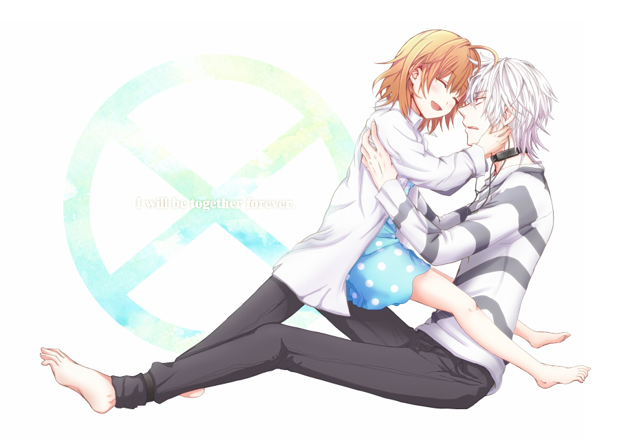 1boy 1girl accelerator ahoge aobeko bad_id black_pants blue_dress brown_hair closed_eyes dress eyebrows_visible_through_hair full_body hair_between_eyes labcoat last_order open_mouth pants polka_dot polka_dot_dress shirt short_dress short_hair silver_hair simple_background smile standing striped striped_shirt to_aru_majutsu_no_index white_background