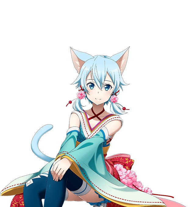 1girl animal_ears blue_eyes blue_hair blue_legwear blue_skirt cat_ears cat_tail collarbone flower hair_between_eyes hair_flower hair_ornament hands_on_own_knees looking_at_viewer miniskirt pink_flower shinon_(sao-alo) short_hair_with_long_locks sidelocks skirt solo sword_art_online tail thigh-highs transparent_background