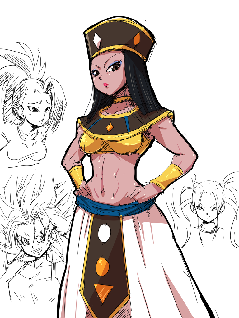 4girls black_hair bra_(dragon_ball) bracer dark_skin dragon_ball dragon_ball_multiverse dragon_ball_super drawn egyptian eyeshadow goddess hands_on_hips hat heles_(dragon_ball_super) kale_(dragon_ball) long_hair makeup marcarita multiple_girls rickert_kai simple_background solo_focus super_saiyan twintails white_background