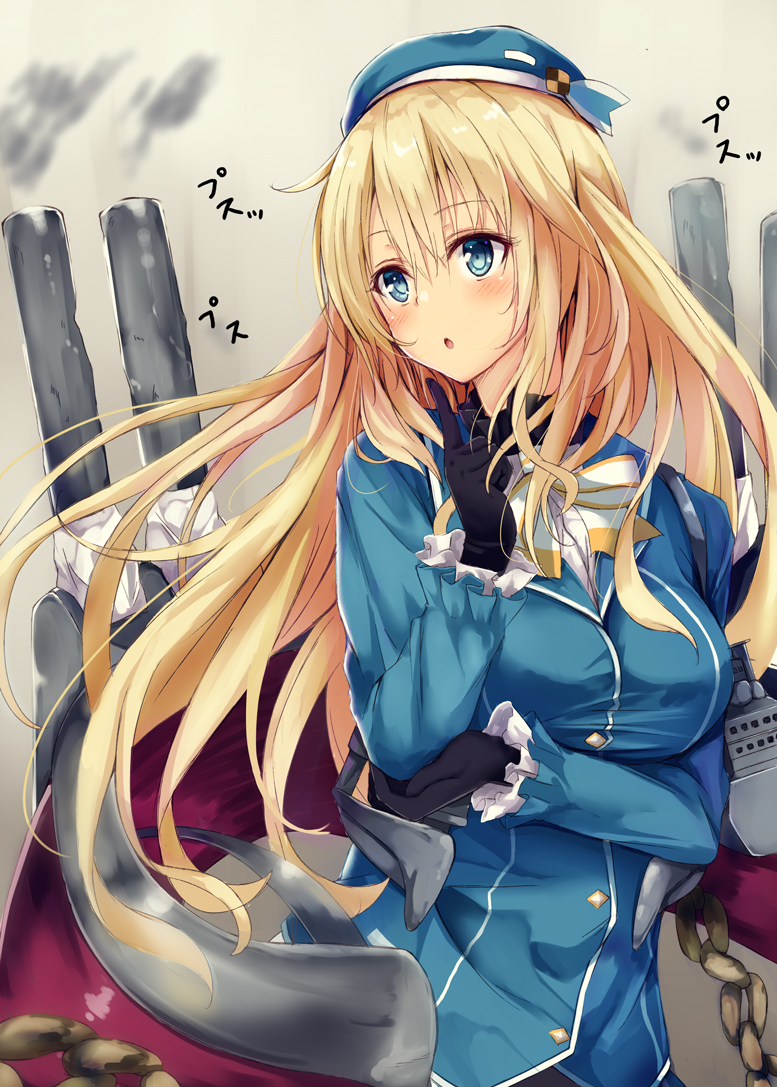 1girl atago_(kantai_collection) beret black_gloves blonde_hair blue_eyes breasts gloves grey_background hair_between_eyes hat kantai_collection koinobori_(ajc90839) large_breasts long_hair long_sleeves machinery military military_uniform open_mouth smoke solo turret uniform