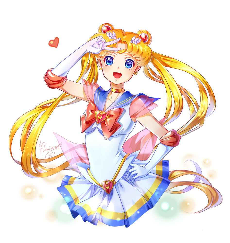 1girl :d bishoujo_senshi_sailor_moon blonde_hair blue_eyes blue_sailor_collar bow brooch circlet cowboy_shot crescent crescent_earrings double_bun earrings elbow_gloves gloves hair_ornament hairpin hand_on_hip jewelry kaminary long_hair looking_at_viewer magical_girl multicolored multicolored_clothes multicolored_skirt open_mouth pleated_skirt red_bow sailor_moon signature skirt smile solo super_sailor_moon tsukino_usagi twintails v white_background white_gloves yellow_choker