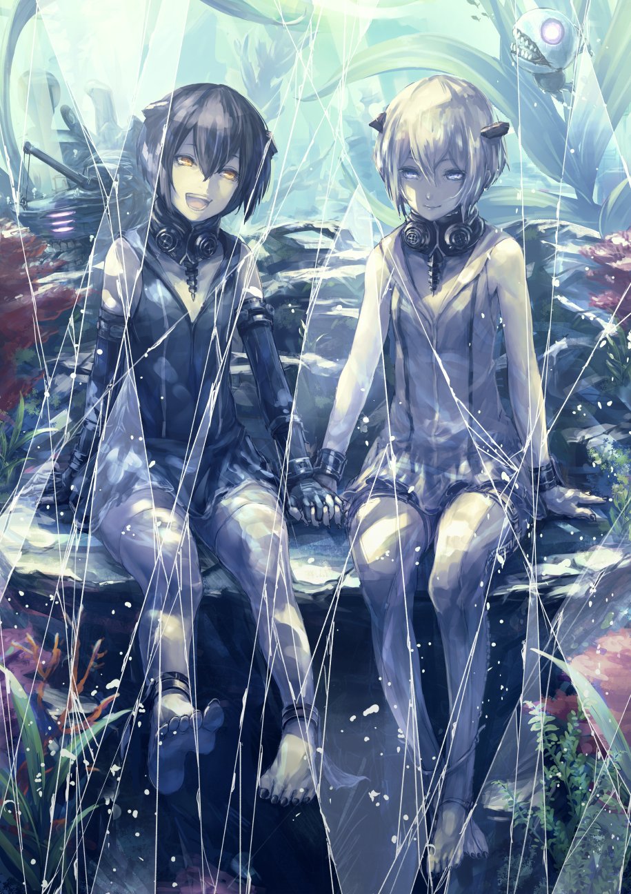 2girls abyssal_twin_hime_(black) abyssal_twin_hime_(white) barefoot black_dress black_gloves black_hair black_nails blue_eyes commentary_request dress elbow_gloves gloves hair_between_eyes hand_holding highres kantai_collection looking_at_viewer multiple_girls nail_polish nina_(ninageya) ocean_bottom open_mouth shinkaisei-kan short_hair sitting sleeveless sleeveless_dress smile thigh-highs underwater white_dress white_hair white_legwear yellow_eyes