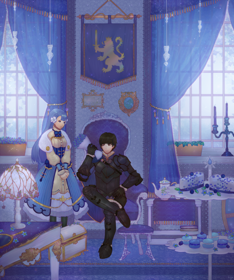 1boy 1girl armor berkut_(fire_emblem) blue_hair bouquet cake cape cup dress fire_emblem fire_emblem_echoes:_mou_hitori_no_eiyuuou fire_emblem_gaiden flower food gloves hand_holding heraldry indoors lijupy linea_(fire_emblem) sitting smile teacup teapot