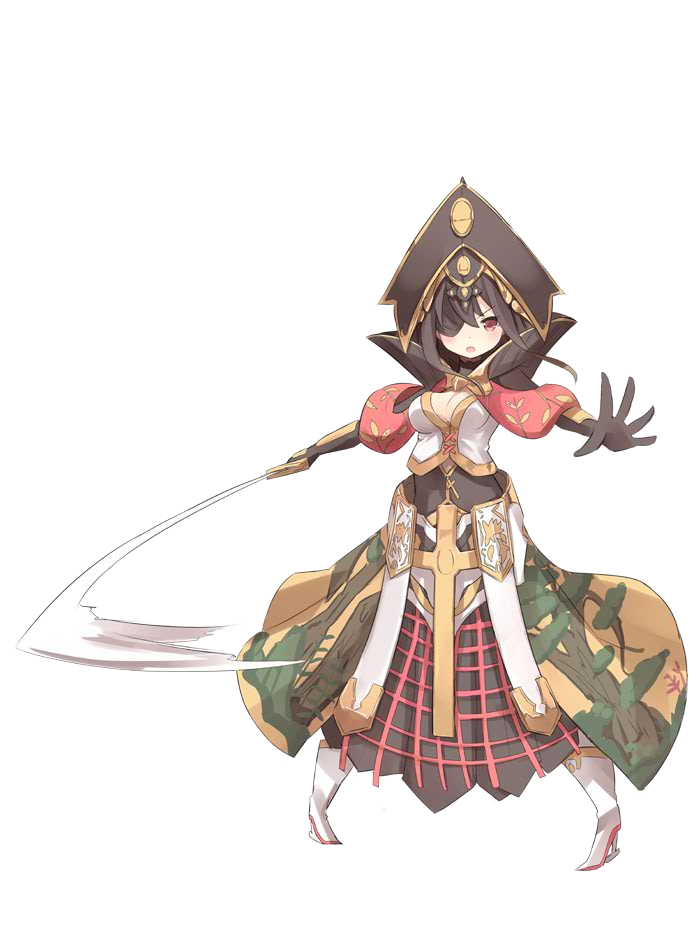 1girl black_hair breasts cleavage elbow_gloves eyepatch full_body gloves hat high_heels holding holding_weapon looking_at_viewer medium_breasts nanashina official_art oshiro_project oshiro_project_re red_eyes sendai_(oshiro_project) solo sword transparent_background weapon