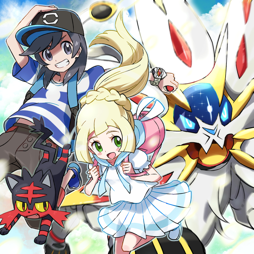 1boy 1girl bag bangs black_eyes black_hair blonde_hair blue_sky blunt_bangs blush_stickers braid clouds day green_eyes kingin legendary_pokemon lillie_(pokemon) litten looking_at_viewer pleated_skirt poke_ball pokemon pokemon_(creature) pokemon_(game) pokemon_sm ponytail school_uniform shirt short_sleeves shorts skirt sky smile solgaleo striped striped_shirt teeth you_(pokemon_sm) z-ring