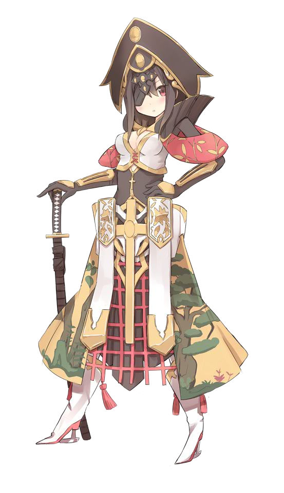 1girl black_hair breasts cleavage elbow_gloves eyepatch full_body gloves hat high_heels holding holding_weapon looking_at_viewer medium_breasts nanashina official_art oshiro_project oshiro_project_re red_eyes sendai_(oshiro_project) solo sword transparent_background weapon