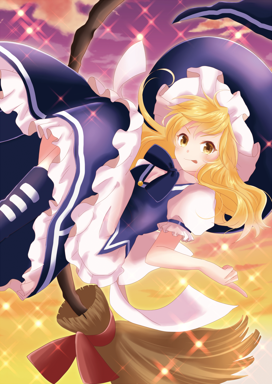 &gt;:p 1girl :p apron blonde_hair blush boots bow bowtie broom broom_riding hat highres index_finger_raised kirisame_marisa long_hair long_skirt looking_at_viewer nonoko_(capsule-nnk) puffy_short_sleeves puffy_sleeves sash short_sleeves skirt skirt_set smile solo sparkle tongue tongue_out touhou urban_legend_in_limbo vest waist_apron wavy_hair witch_hat
