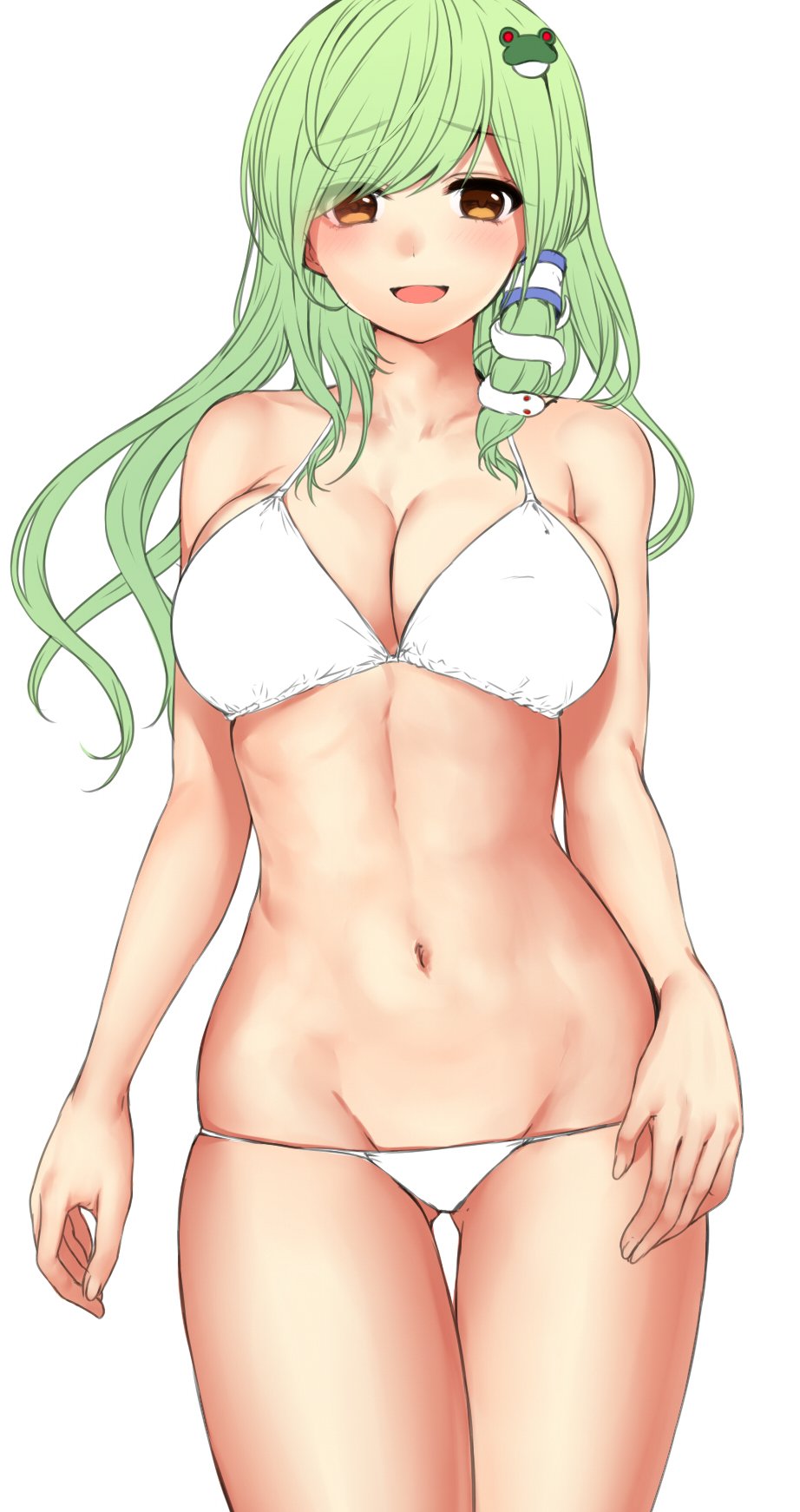 1girl bikini green_eyes highres kanzaki_maguro kochiya_sanae looking_at_viewer navel simple_background smile solo standing stomach swimsuit touhou white_background white_bikini work_in_progress