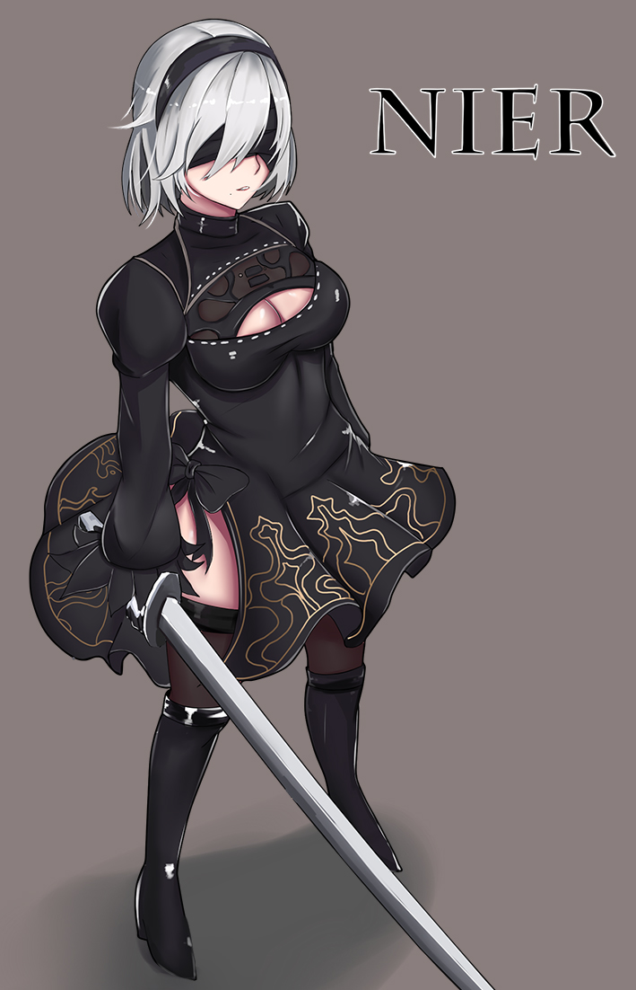 1girl black_boots black_dress black_hairband black_legwear blindfold boots breasts cleavage cleavage_cutout covered_eyes dress feather-trimmed_sleeves full_body gg-e hairband holding holding_sword holding_weapon juliet_sleeves long_sleeves medium_breasts mole mole_under_mouth nier_(series) nier_automata parted_lips puffy_sleeves ribbed_dress silver_hair solo standing sword thigh-highs thigh_boots thighhighs_under_boots vambraces weapon yorha_no._2_type_b