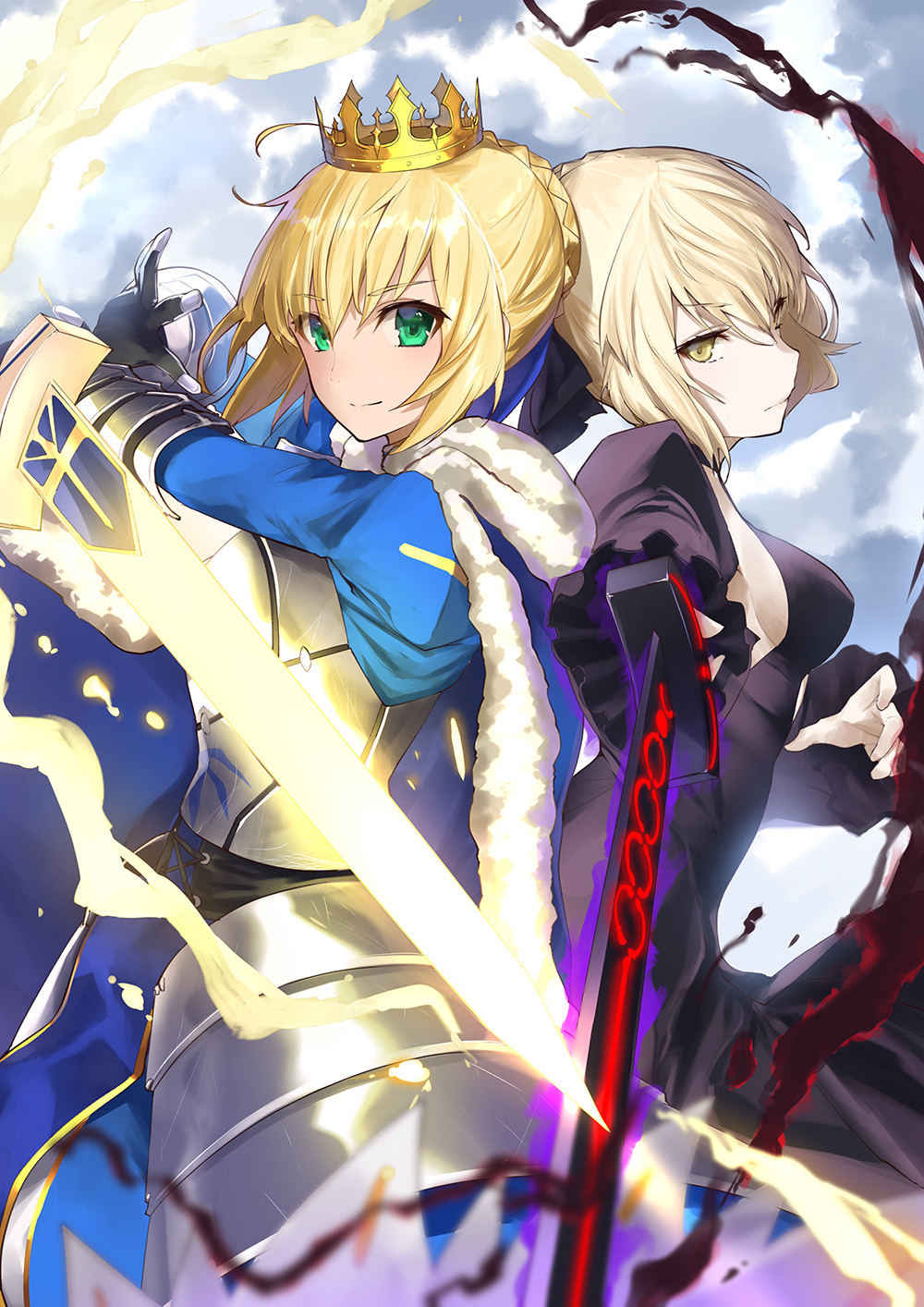 2girls ahoge armor back-to-back bangs black_dress blonde_hair blue_dress bow breasts cape choker clouds cloudy_sky crown day dress excalibur expressionless eyebrows_visible_through_hair fate/stay_night fate_(series) frilled_sleeves frills fur_trim gauntlets green_eyes hair_bow hair_bun highres looking_at_viewer medium_breasts multiple_girls pale_skin saber saber_alter sideboob sky smile sword weapon yaman_(yamanta_lov) yellow_eyes