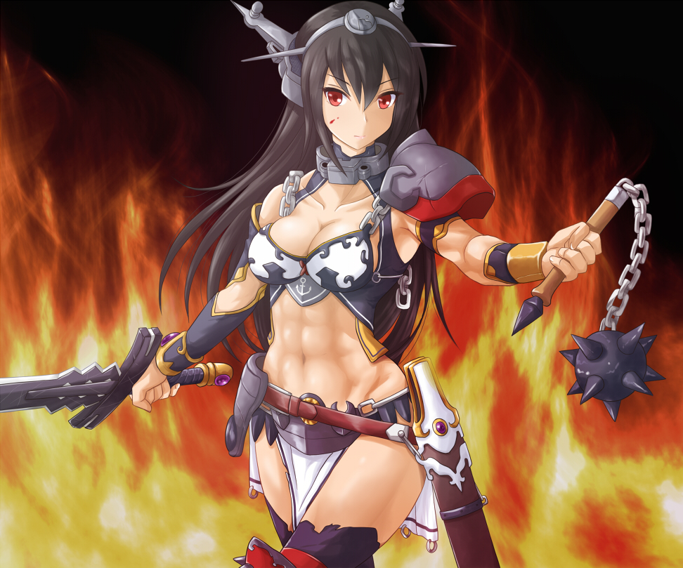 1girl abs alternate_costume armor bikini_armor black_hair black_legwear blood blood_on_face breasts cleavage collarbone commentary_request conan_the_barbarian fire flail headgear holding holding_sword holding_weapon jack_(slaintheva) kantai_collection long_hair looking_at_viewer medium_breasts morning_star muscle muscular_female nagato_(kantai_collection) navel red_eyes solo sword weapon