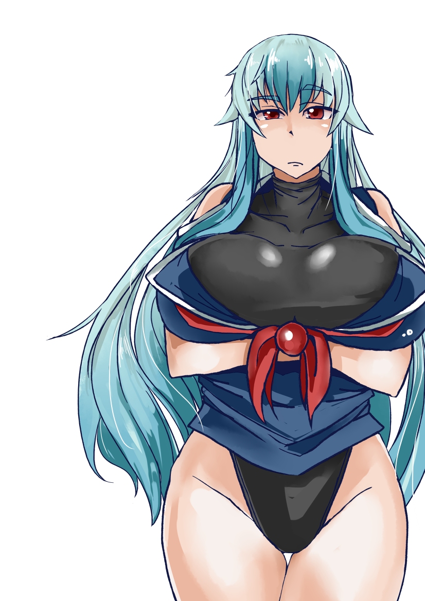 1girl alternate_costume aqua_hair bangs bare_shoulders blue_shirt breasts collarbone cowboy_shot crossed_arms expressionless eyebrows_visible_through_hair hair_between_eyes heiseikorotaisei hips kamishirasawa_keine large_breasts leotard long_hair looking_at_viewer multicolored_hair raised_eyebrow red_eyes shiny shiny_clothes shirt sidelocks simple_background sleeveless sleeveless_shirt solo thigh_gap thighs touhou two-tone_hair very_long_hair white_background