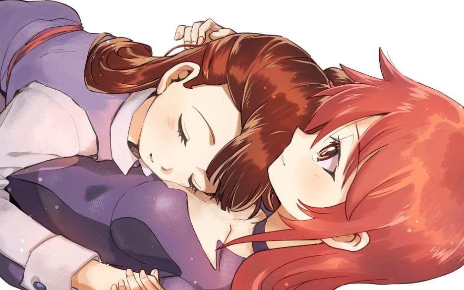 2girls blush breast_smother breasts brown_hair closed_eyes girl_on_top half-closed_eyes hand_holding hand_in_hair happy kagari_atsuko little_witch_academia long_hair lying multiple_girls niina_ryou on_back red_eyes redhead school_uniform shiny_chariot smile tears yuri