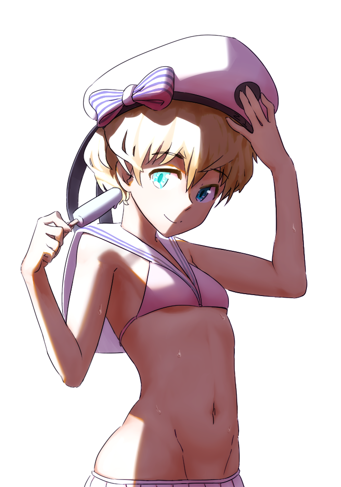 1girl adjusting_clothes adjusting_hat bikini blonde_hair blue_eyes bow drawfag flat_chest food groin hat hat_bow kantai_collection looking_at_viewer midriff navel popsicle sailor_collar short_hair smile solo standing striped striped_bow swimsuit white_hat z1_leberecht_maass_(kantai_collection)