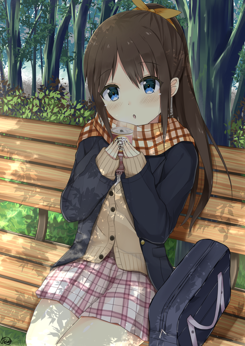 1girl 7_calpis_7 bag bench blue_eyes brown_hair brown_scarf can cardigan dappled_sunlight duffel_bag eyebrows_visible_through_hair hair_ribbon highres holding holding_can long_hair looking_away orange_ribbon original ponytail ribbon scarf school_uniform signature sitting solo sunlight tree tree_shade uniform